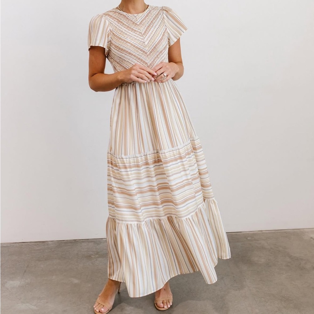 Willow Smocked Maxi Dress / Tan Striped - XL - Baltic Born
